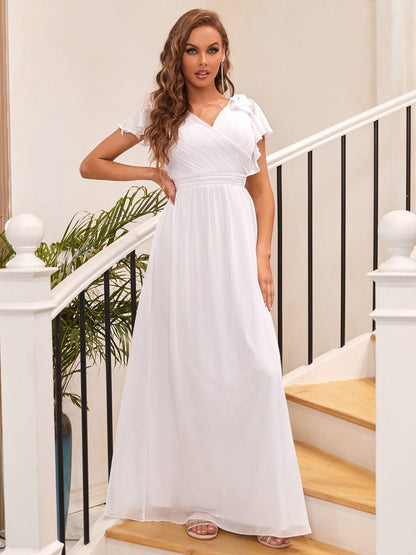 Elegant Chiffon Maxi Evening Gown With Ruffled Sleeves