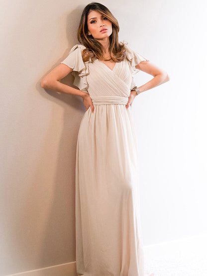 Elegant Chiffon Maxi Evening Gown With Ruffled Sleeves