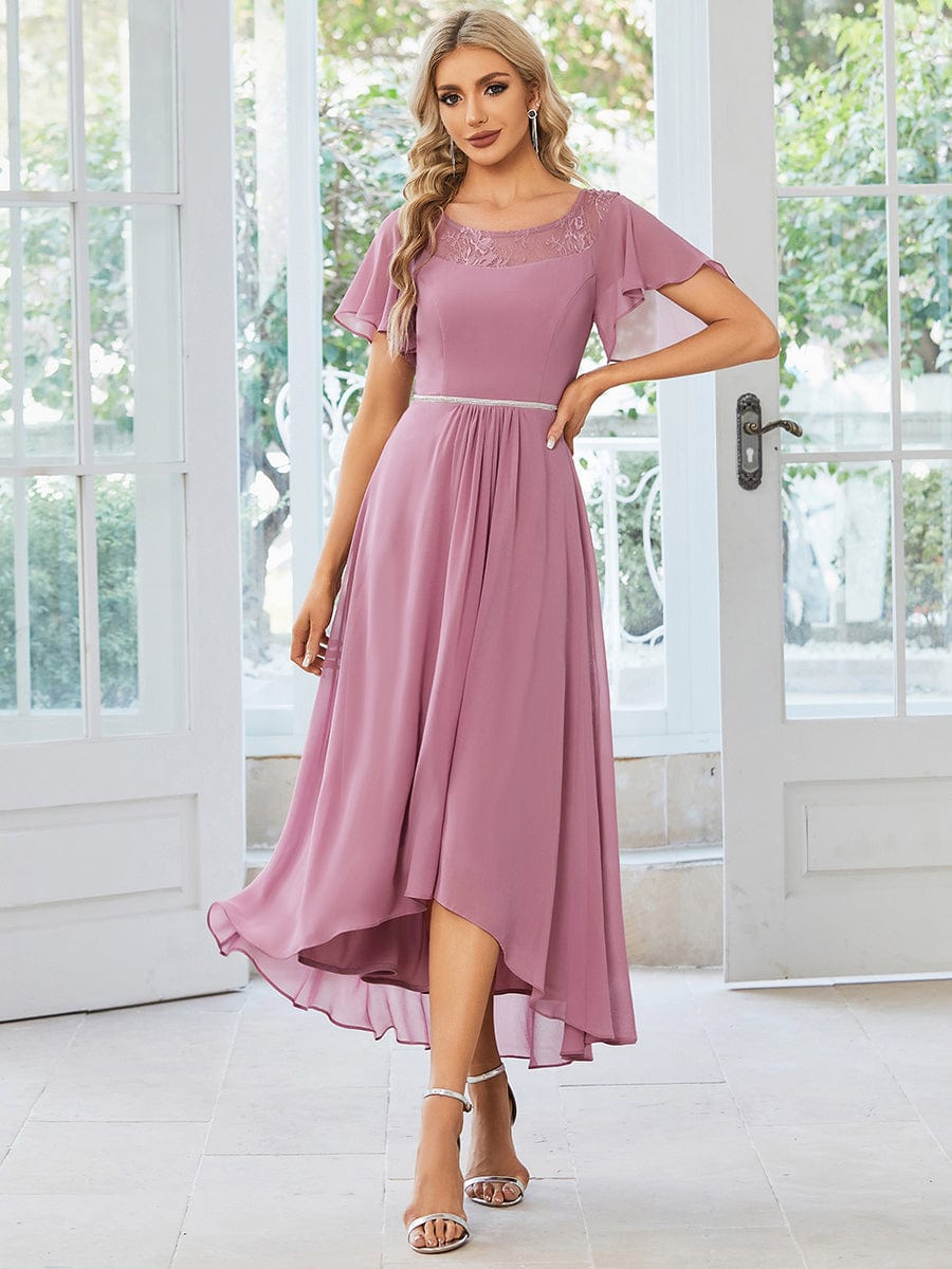 Elegant Chiffon Mother of the Bride Dress with Ruffle Sleeves and Asymmetrical Hem