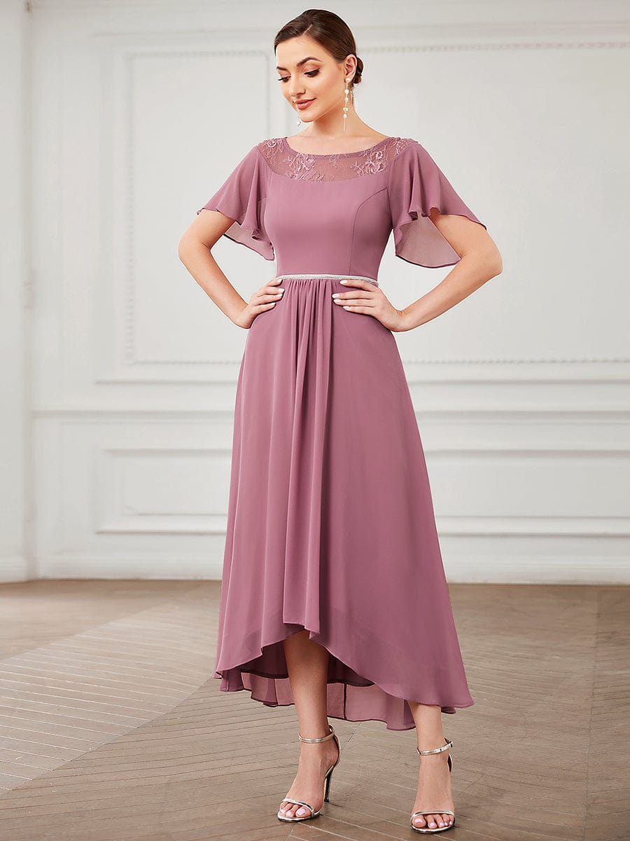 Elegant Chiffon Mother of the Bride Dress with Ruffle Sleeves and Asymmetrical Hem