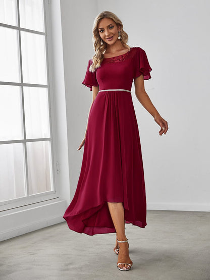 Elegant Chiffon Mother of the Bride Dress with Ruffle Sleeves and Asymmetrical Hem
