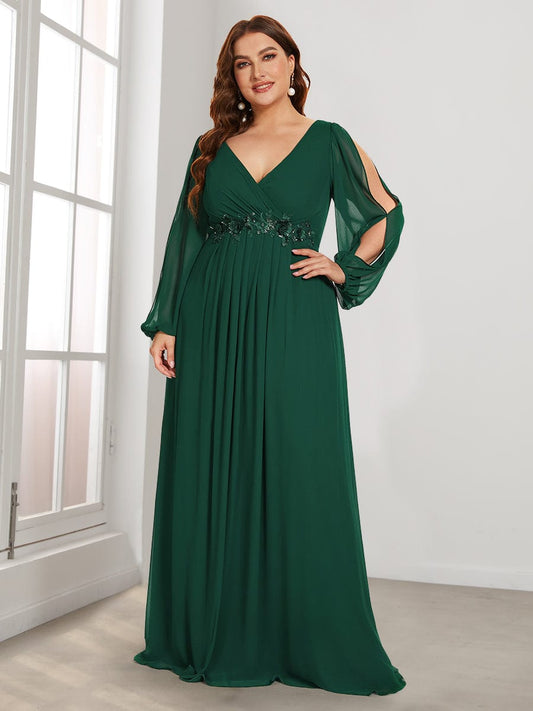 Elegant Chiffon Plus Size Evening Gown with Long Lantern Sleeves