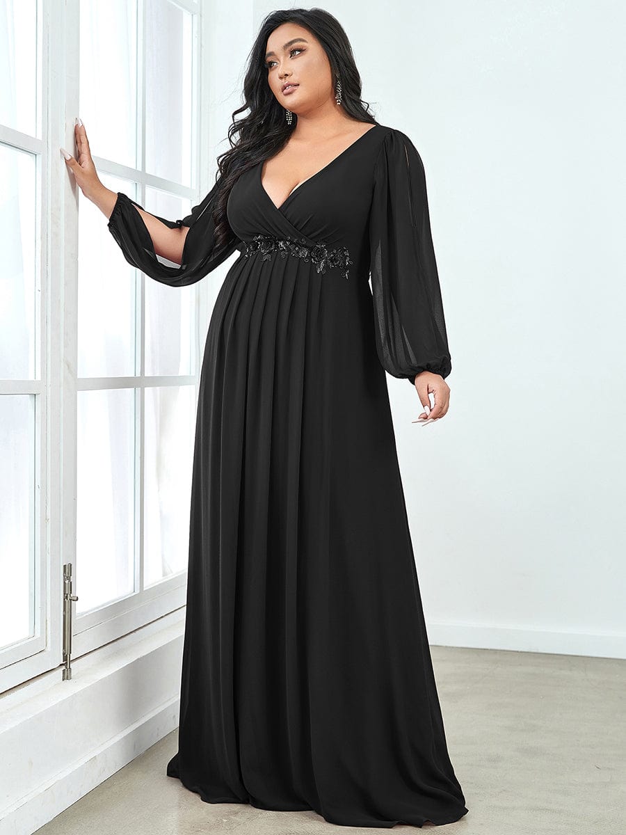 Elegant Chiffon Plus Size Evening Gown with Long Lantern Sleeves
