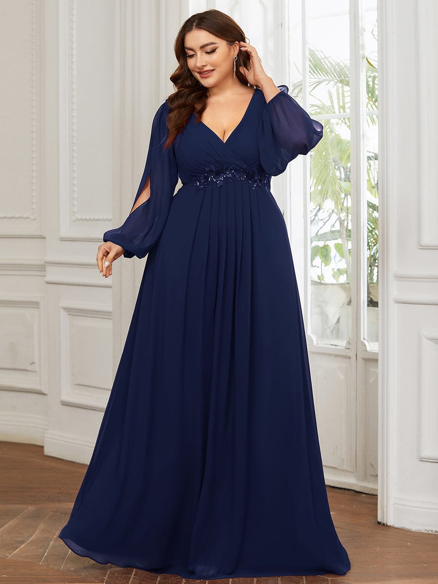 Elegant Chiffon Plus Size Evening Gown with Long Lantern Sleeves