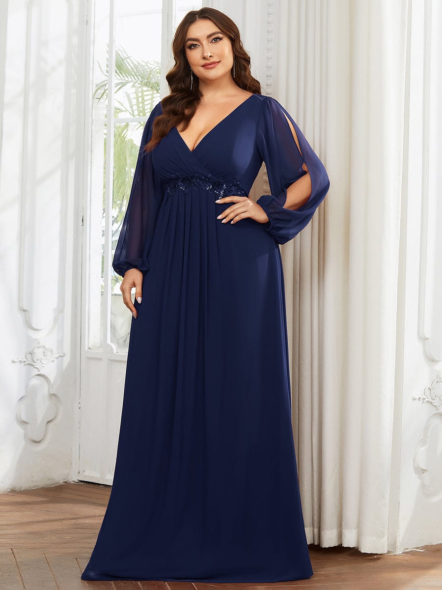 Elegant Chiffon Plus Size Evening Gown with Long Lantern Sleeves