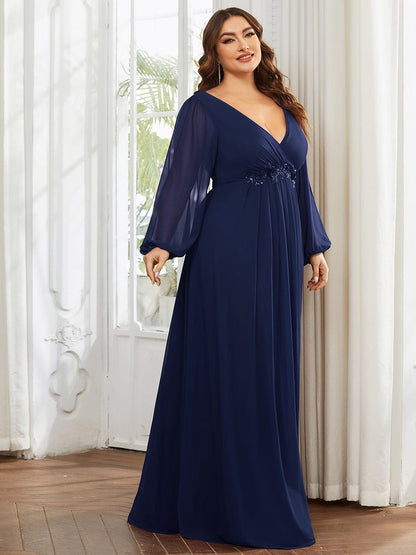 Elegant Chiffon Plus Size Evening Gown with Long Lantern Sleeves