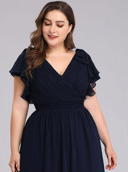 Elegant Chiffon Ruffles Sleeves Plus Size Maxi Evening Gown