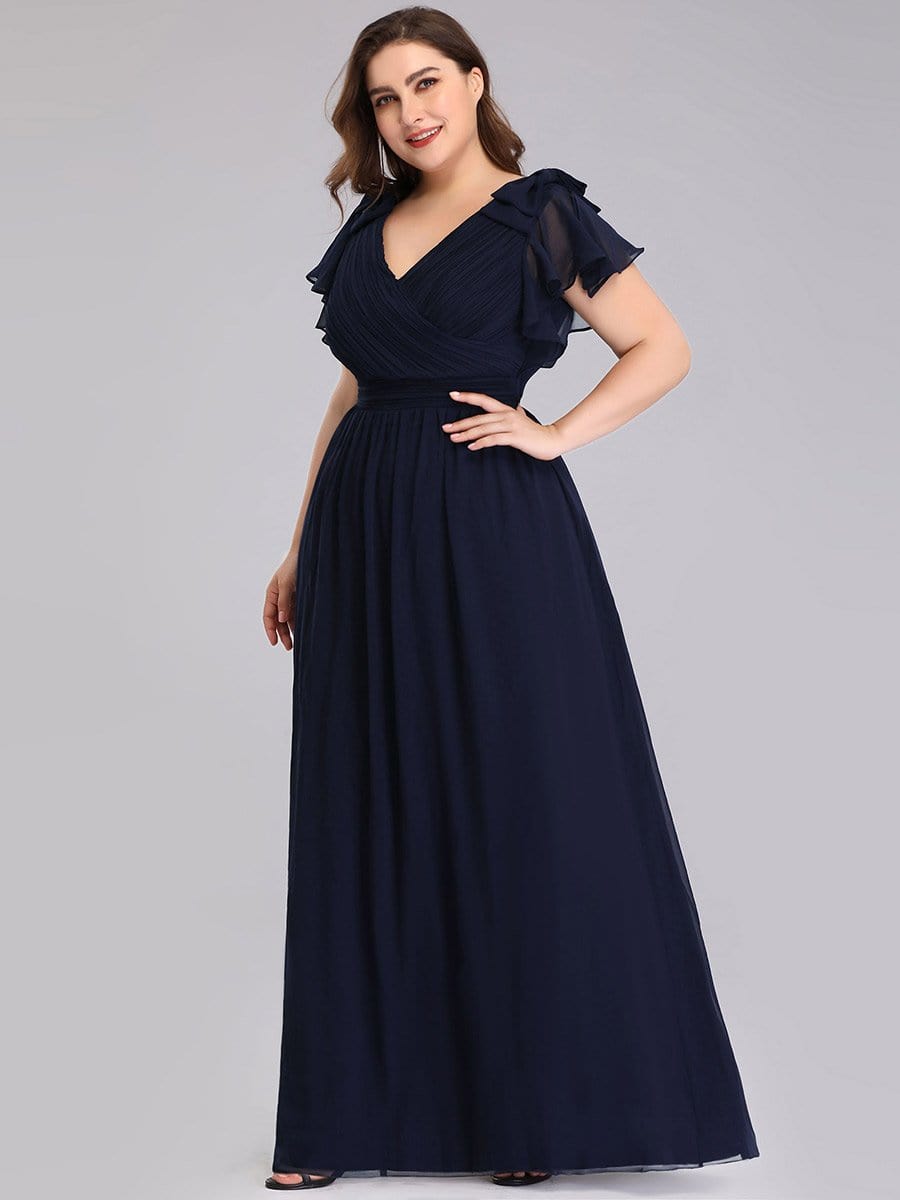 Elegant Chiffon Ruffles Sleeves Plus Size Maxi Evening Gown