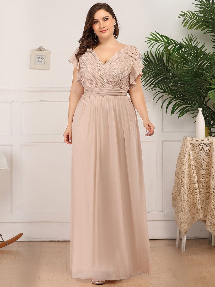 Elegant Chiffon Ruffles Sleeves Plus Size Maxi Evening Gown