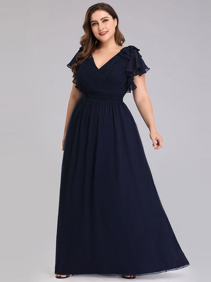 Elegant Chiffon Ruffles Sleeves Plus Size Maxi Evening Gown