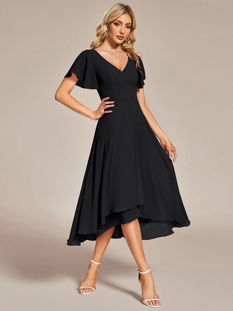 Elegant Chiffon V-Neck Bridesmaid Gown with Ruffle Sleeves