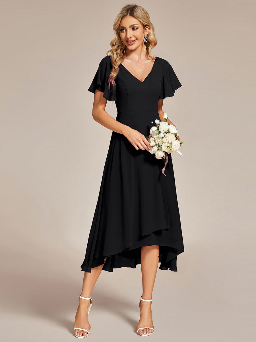 Elegant Chiffon V-Neck Bridesmaid Gown with Ruffle Sleeves