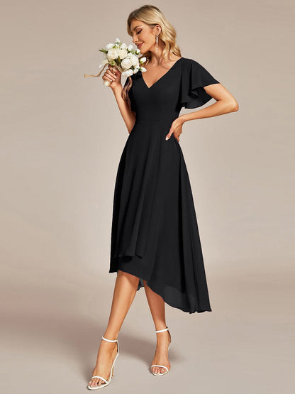 Elegant Chiffon V-Neck Bridesmaid Gown with Ruffle Sleeves