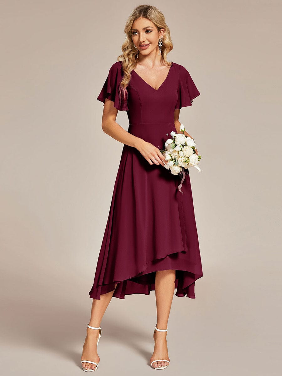 Elegant Chiffon V-Neck Bridesmaid Gown with Ruffle Sleeves