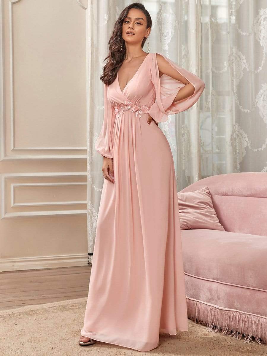 Elegant Chiffon V-Neckline Long Sleeve Formal Evening Dress