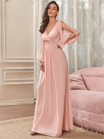 Elegant Chiffon V-Neckline Long Sleeve Formal Evening Dress
