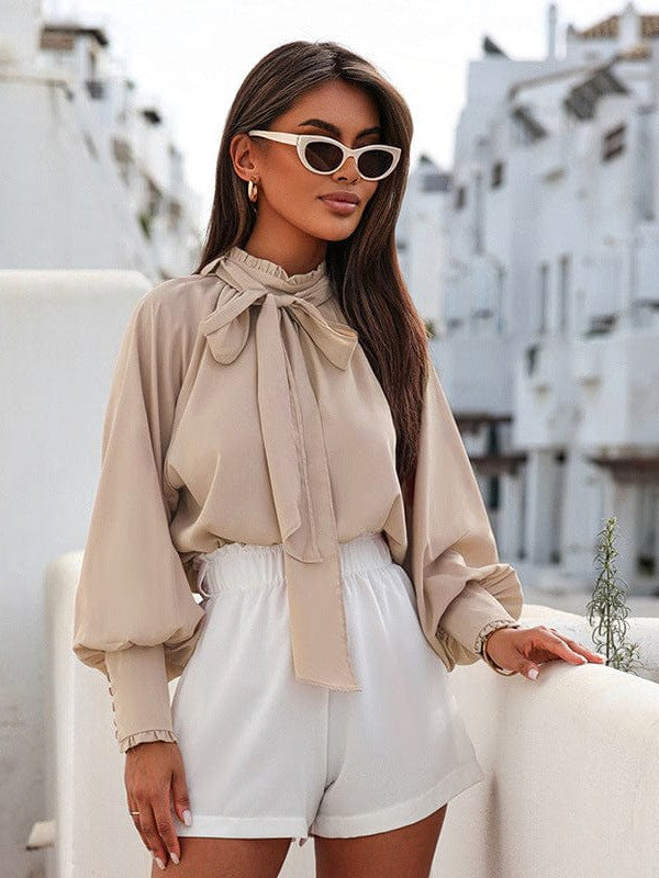 Elegant Chiffon Women's Pullover with Bow Tie Ribbon