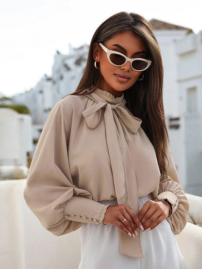 Elegant Chiffon Women's Pullover with Bow Tie Ribbon