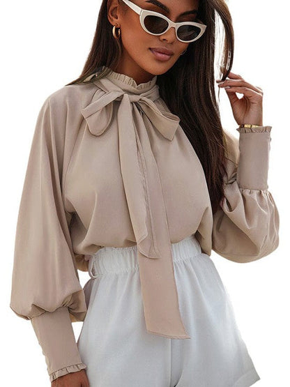 Elegant Chiffon Women's Pullover with Bow Tie Ribbon