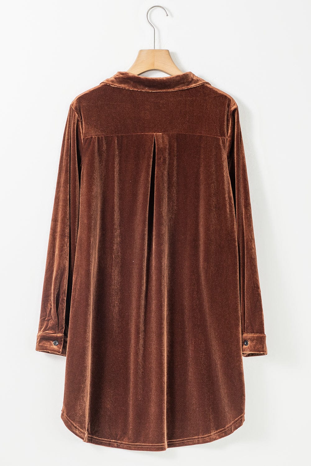 Elegant Coffee Velvet Shift Dress with Collared V Neck & Pockets