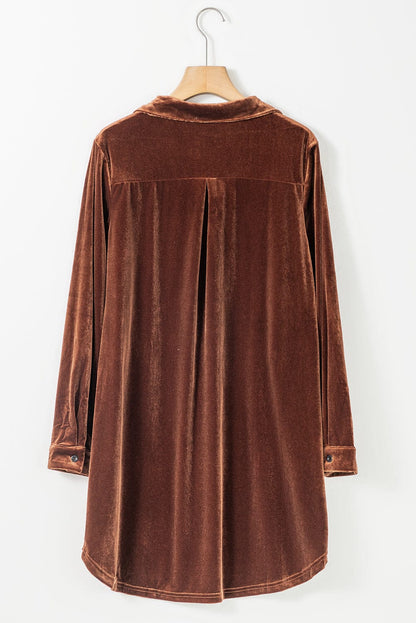 Elegant Coffee Velvet Shift Dress with Collared V Neck & Pockets