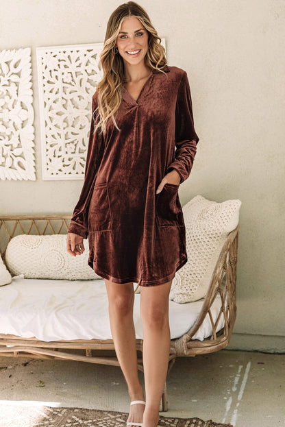 Elegant Coffee Velvet Shift Dress with Collared V Neck & Pockets