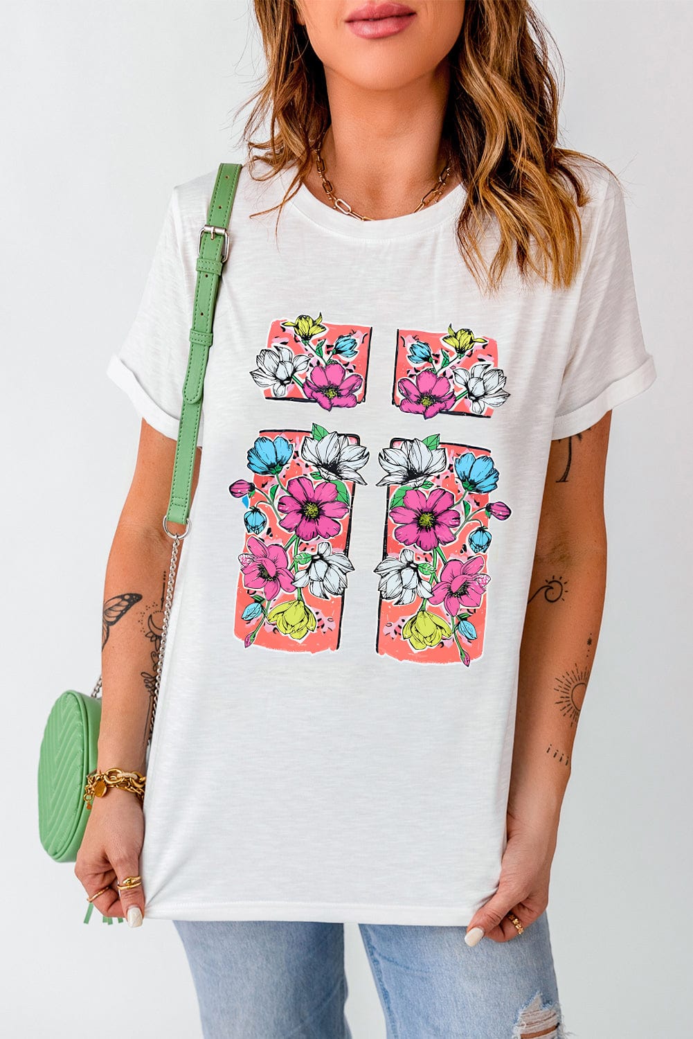 Elegant Cross and Floral Graphic White Easter Tee