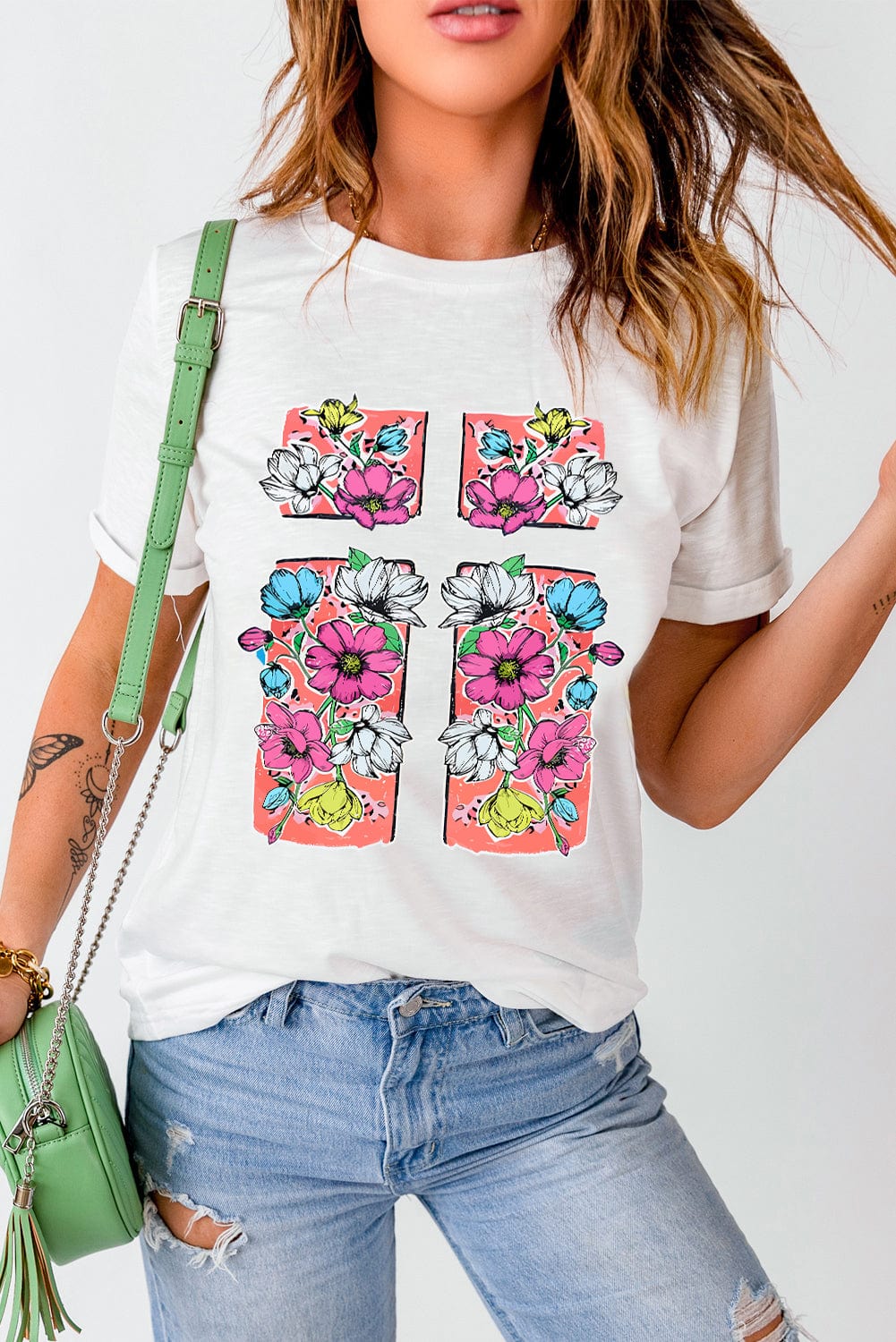 Elegant Cross and Floral Graphic White Easter Tee