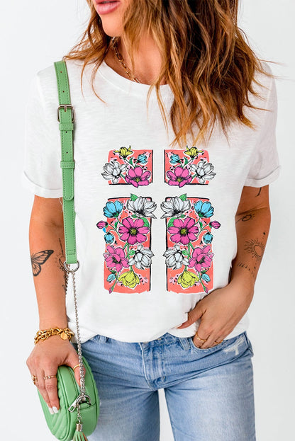 Elegant Cross and Floral Graphic White Easter Tee