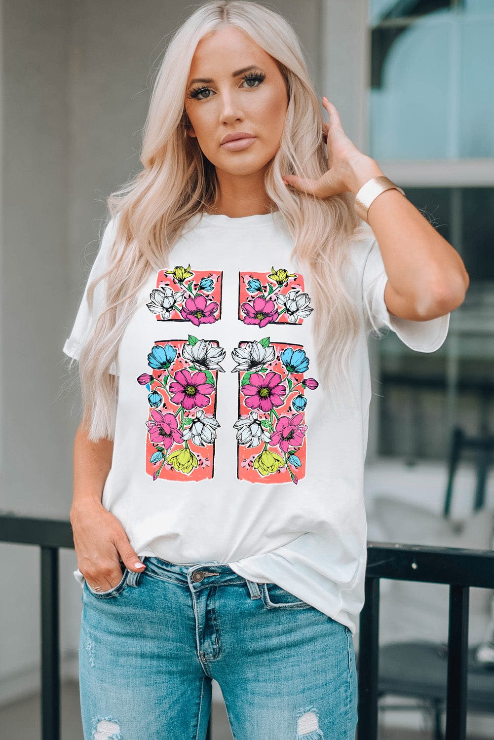 Elegant Cross and Floral Graphic White Easter Tee