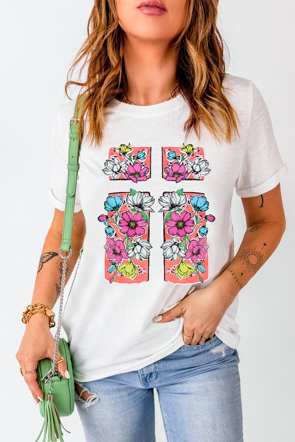 Elegant Cross and Floral Graphic White Easter Tee