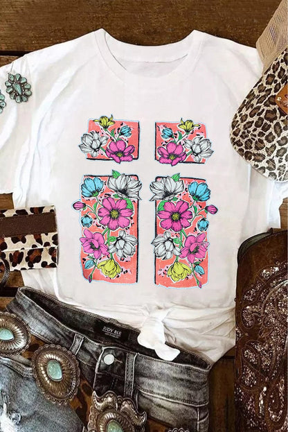 Elegant Cross and Floral Graphic White Easter Tee