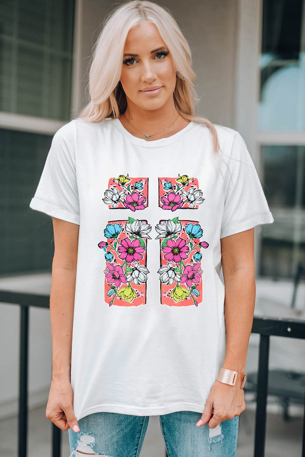 Elegant Cross and Floral Graphic White Easter Tee