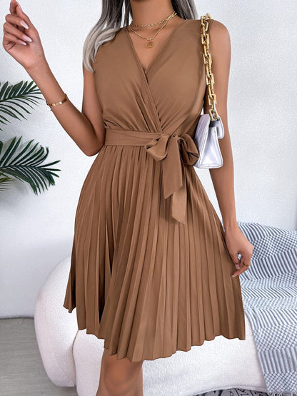Elegant Cross V-Neck Sleeveless Pleated Waist Mini Dress