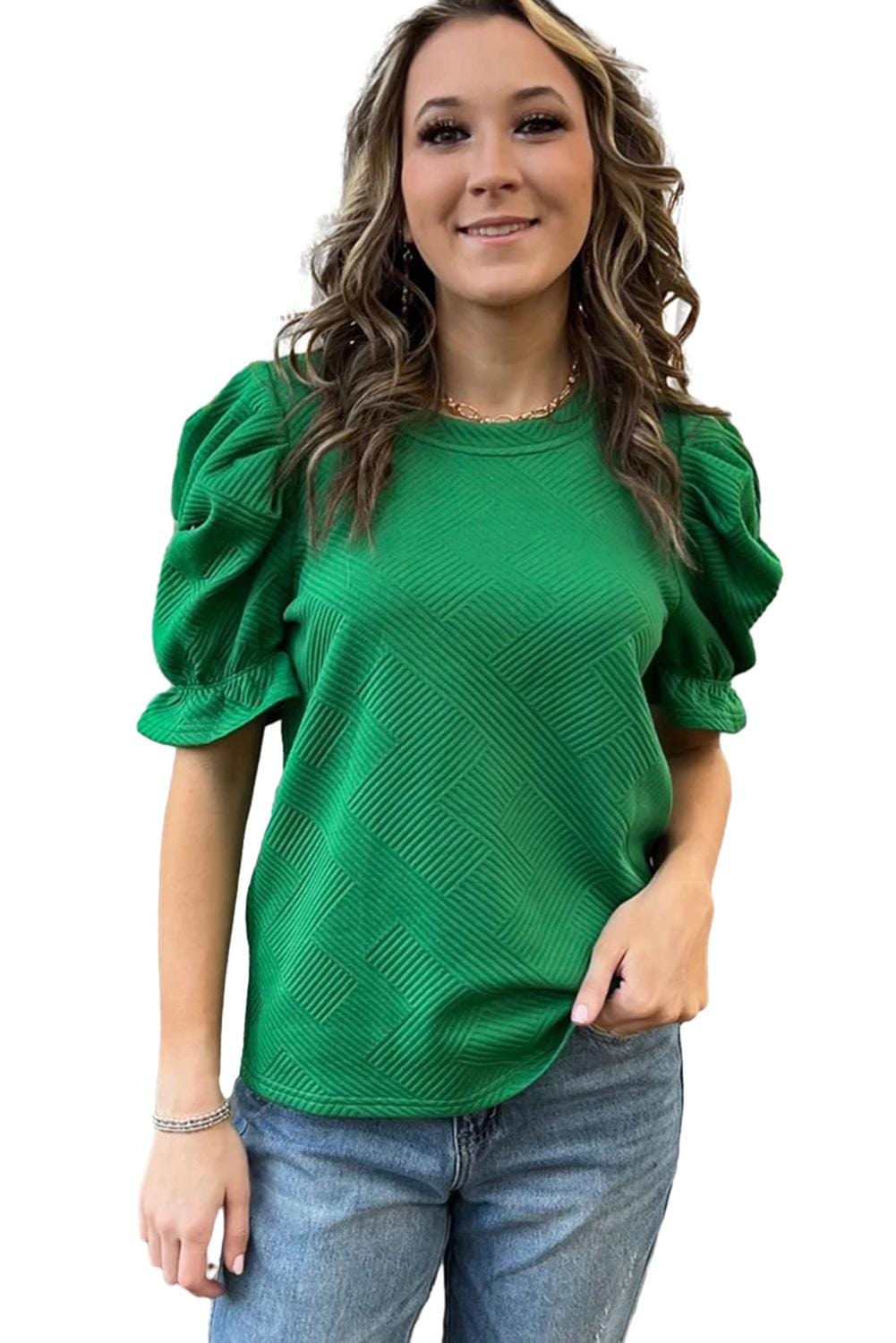 Elegant Dark Green Ruffled Textured Puff Sleeve Blouse