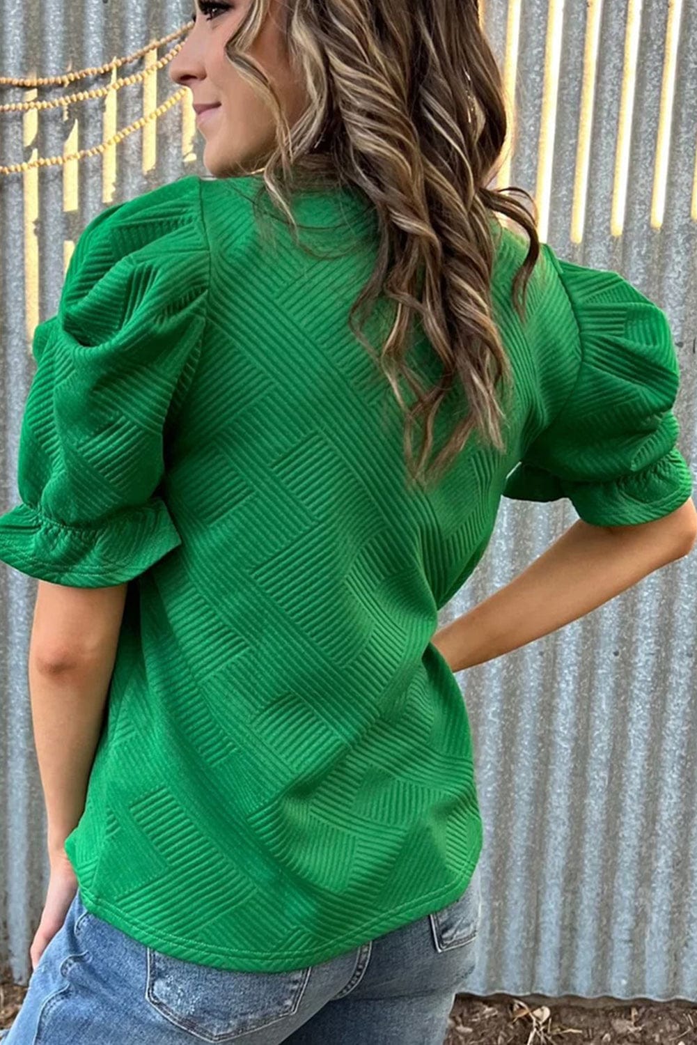 Elegant Dark Green Ruffled Textured Puff Sleeve Blouse