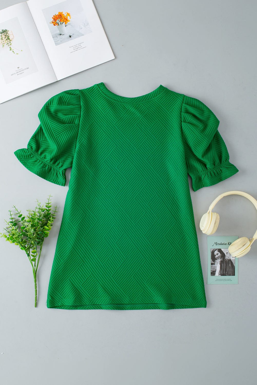 Elegant Dark Green Ruffled Textured Puff Sleeve Blouse