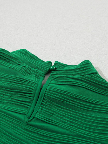 Elegant Dark Green Wavy Texture Mock Neck Cap Sleeve Blouse