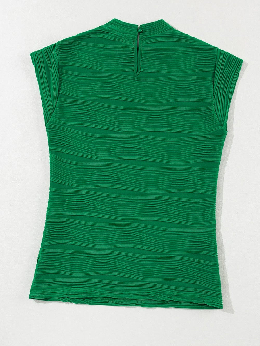 Elegant Dark Green Wavy Texture Mock Neck Cap Sleeve Blouse