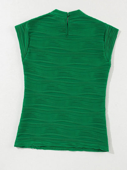 Elegant Dark Green Wavy Texture Mock Neck Cap Sleeve Blouse