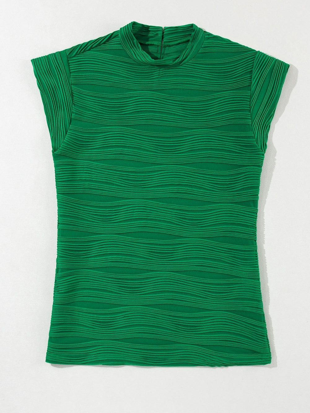 Elegant Dark Green Wavy Texture Mock Neck Cap Sleeve Blouse