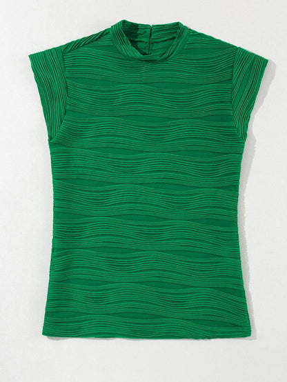 Elegant Dark Green Wavy Texture Mock Neck Cap Sleeve Blouse