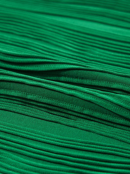 Elegant Dark Green Wavy Texture Mock Neck Cap Sleeve Blouse