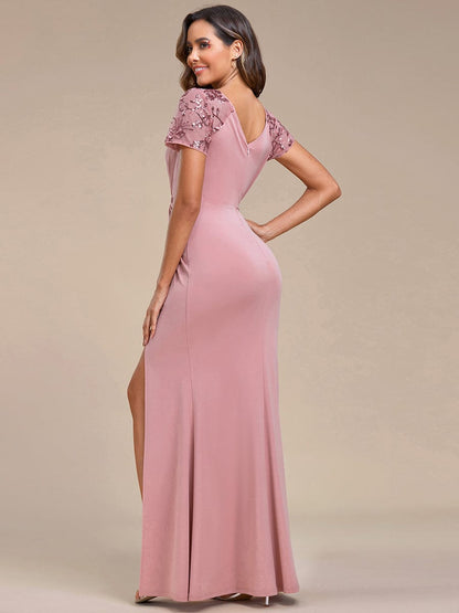 Elegant Deep-V Applique Evening Gown with Side Split Ruched Belt
