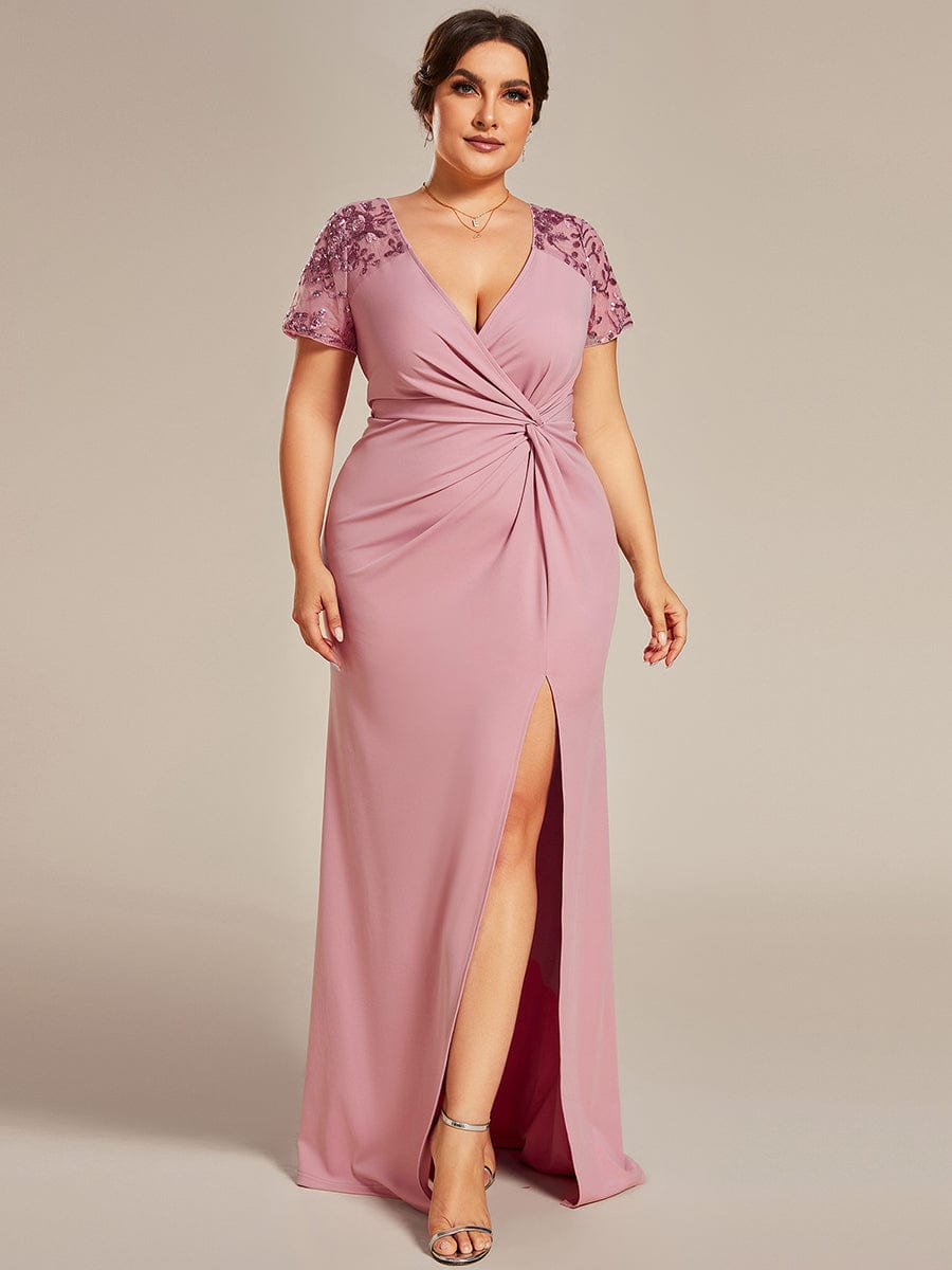 Elegant Deep-V Applique Evening Gown with Side Split Ruched Belt