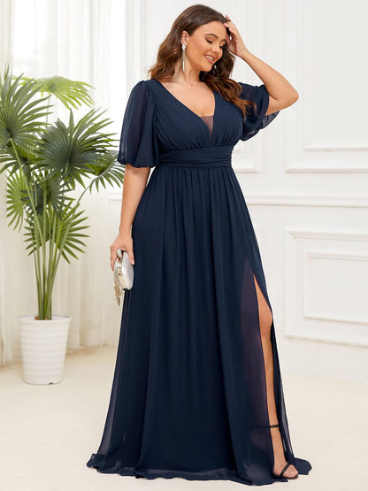 Elegant Deep V-Neck A-Line Bridesmaid Dress with Half Puff Sleeves