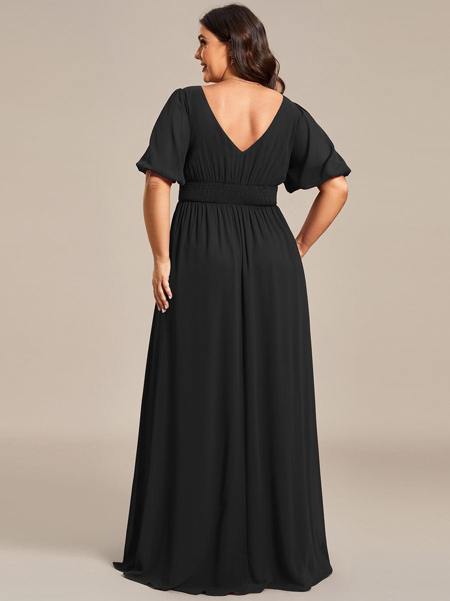 Elegant Deep V-Neck A-Line Bridesmaid Dress with Half Puff Sleeves
