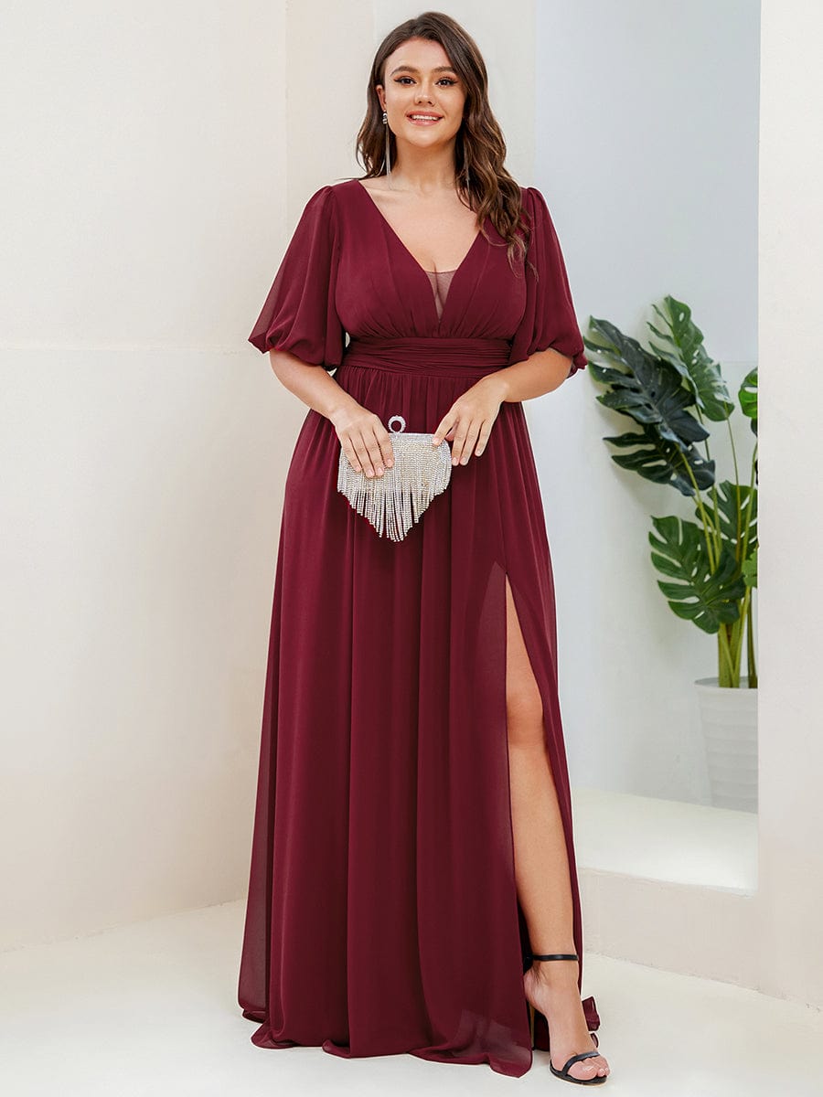 Elegant Deep V-Neck A-Line Bridesmaid Dress with Half Puff Sleeves