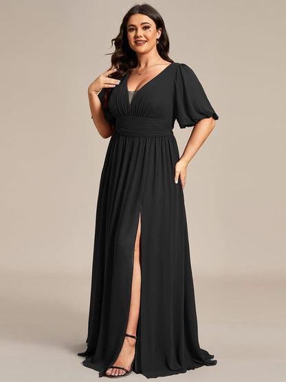 Elegant Deep V-Neck A-Line Bridesmaid Dress with Half Puff Sleeves