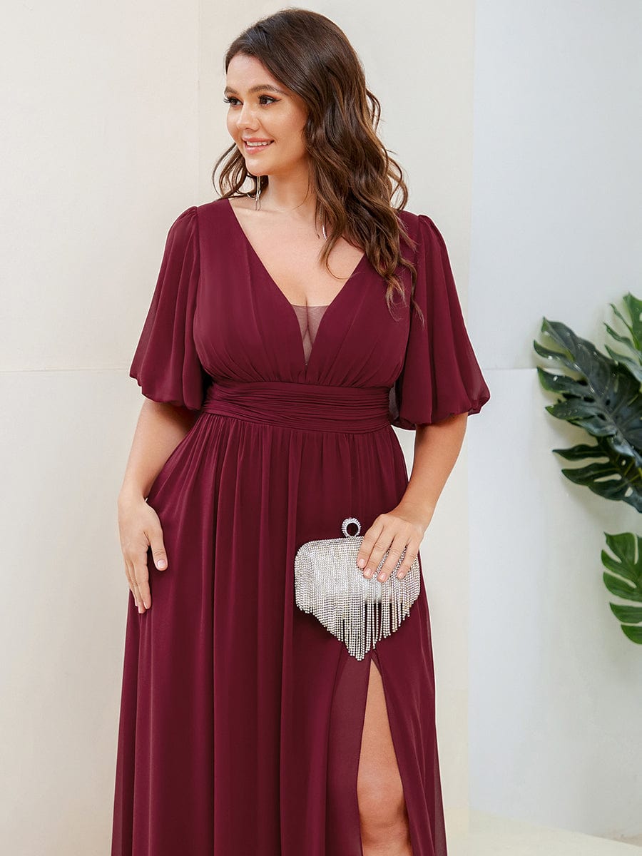 Elegant Deep V-Neck A-Line Bridesmaid Dress with Half Puff Sleeves